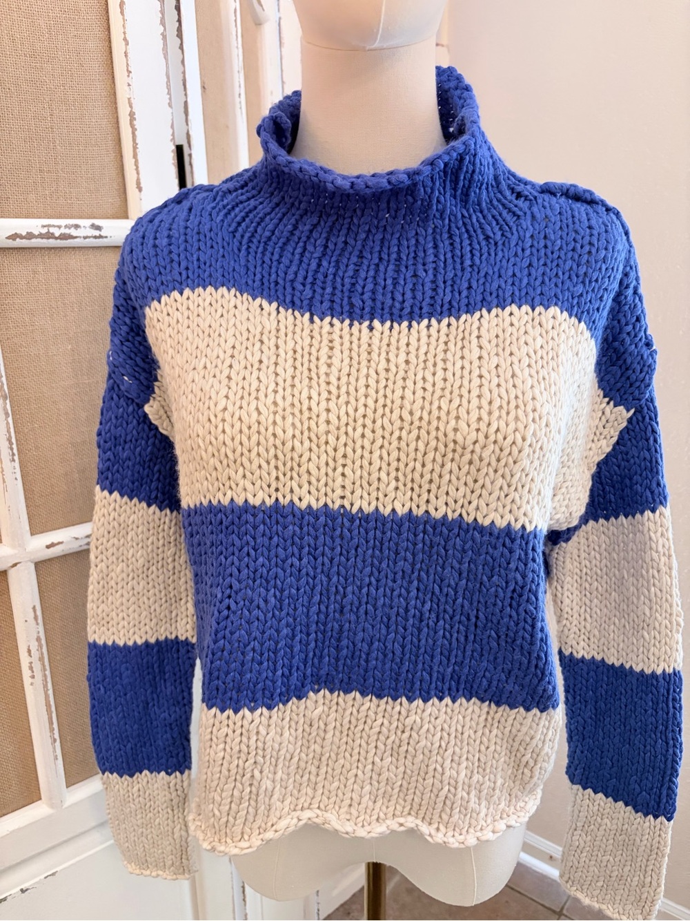 Free People "Opal" Rollneck Knit Stripe Sweater XS Cobalt Combo NWT Slouchy